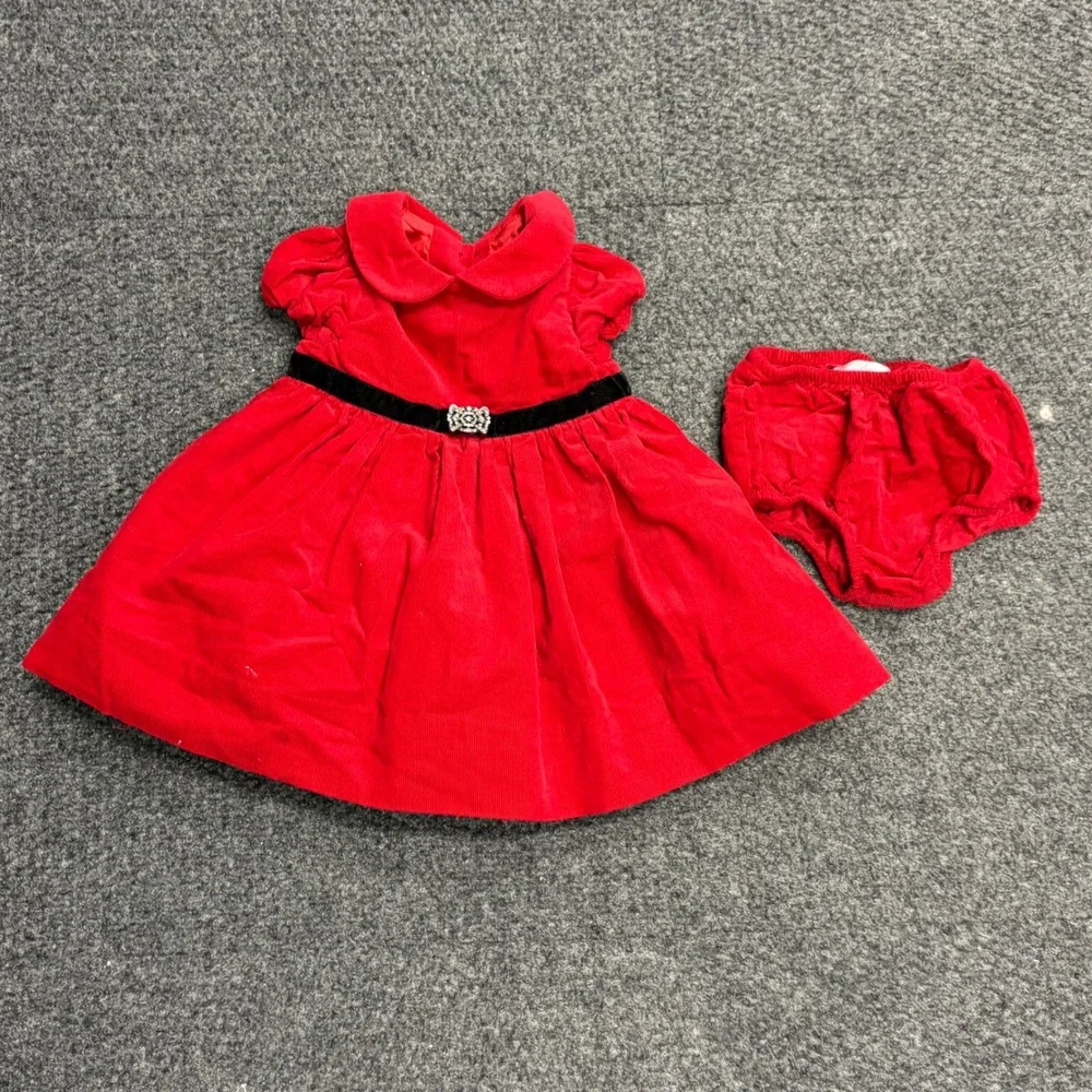 Ralph Lauren Baby Girls Red Corduroy Holiday Dress Velvet Trim Diaper Cover 3M